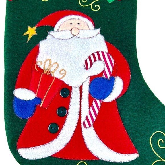 Santa Claus Green Velour Christmas Holiday Stocking Embroidered Applique 16" - Picture 3 of 9